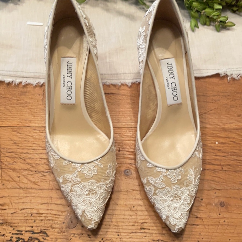 Jimmy Choo size 37.5 white lace heels